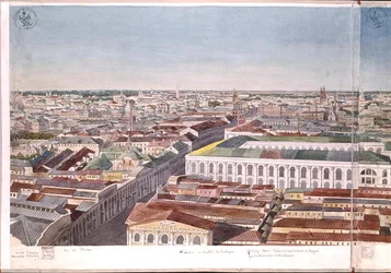 Panorama de Moscú, representando la antigua plaza del mercado y la Bolsa en Gostiny Dvor, 1819