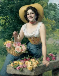 Una belleza sosteniendo una cesta de rosas
