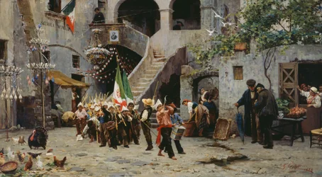 Viva el Rey, procesión de niños con la bandera italiana
