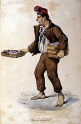 Pequeños oficios de Nápoles: el vendedor de pescado (pescadero). Litografía de F. Dura