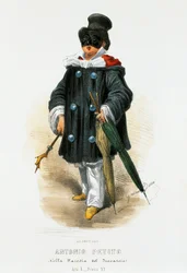 El actor Antonio Petito (1822-1876) en traje de escena en la parodia El Trovador, litografía de Gaetano Dura (1805-1874)
