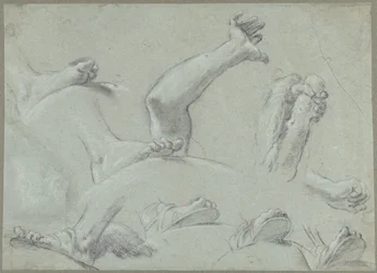 Hoja de croquis con estudios de pies, manos y un brazo