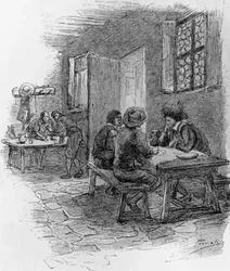 Renzo, Tonio y Gervase en la posada, Capítulo VII, ilustración de Gaetano Previati para 