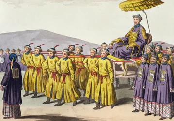 Emperador Chien Lung llevado en triunfo, lámina 18 de Le Costume Ancien et Moderne por Jules Ferrario, publicado c.1820s-30s