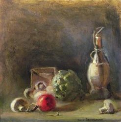 Jarra de vino con alcachofa y champiñones