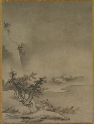 Sirviente chino caminando bajo la lluvia, 1500s