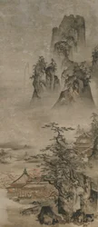 Paisaje: montañas, arroyo y casas, período Muromachi, principios del siglo XVI