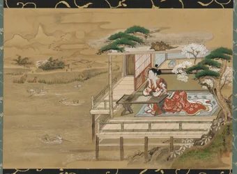Murasaki Shikibu componiendo el Cuento de Genji en Ishiyamadera, período Edo, siglo XIX