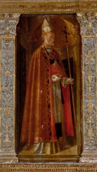 Políptico de la Natividad, paneles laterales que presentan a los santos Pedro, Pablo, Clemente y Magdalena, detalle de San Clemente