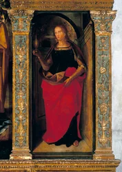Políptico con la Natividad con paneles laterales que presentan a los santos Pedro, Pablo, Clemente y Magdalena (detalle de María Magdalena)