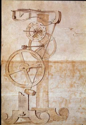 Reloj con péndulo de pesaje estudiado por el astrónomo y físico italiano Galileo Galilei, llamado Galilei (1564-1642), en 1638 para medir el tiempo. Dibujo. Florencia, Biblioteca Nacional