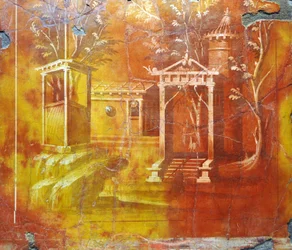 Arte romano: paisaje arquitectónico con templo y portal sagrado de Villa Papiri (fresco)
