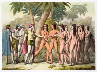 Cristóbal Colón con Hernando Cortés recibiendo a una niña nativa americana como regalo, c. 1820-1839