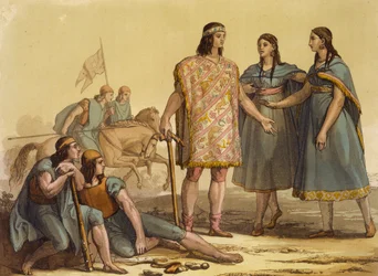 Nativos de la tribu Araucani, Argentina, de Le Costume Ancien et Moderne, Volumen II, lámina 37, por Jules Ferrario, publicado c.1820s-30s
