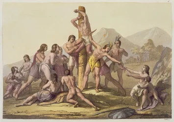 Indios peruanos haciendo un sacrificio, de "Le Costume Ancien et Moderne", volumen I, lámina 15, de Jules Ferrario, publicado hacia los años 1820-30 (litografía en color)
