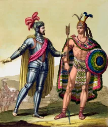 El encuentro entre Hernando Cortés y Moctezuma II, México, 1519, hacia 1820-1839