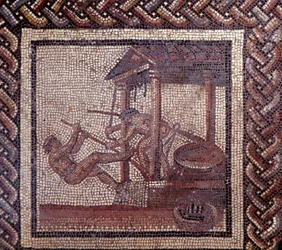 Arte Galo-Romano: pavimento de mosaico que representa un calendario rústico. Una prensa de aceite. Finales del siglo II, principios del siglo III d.C. De Saint-Romain-en-Gal (Ródano). Saint Germain en Laye, Museo Nacional de Arqueología