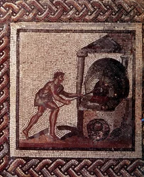Arte galorromano: pavimento de mosaico que representa un calendario rural. Escena de elaboración del pan. Finales del siglo II, principios del III d. C. Procedente de Saint-Romain-en-Gal (Ródano). Saint-Germain-en-Laye, Museo Nacional de Arqueología