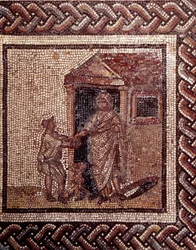 Arte galorromano: pavimento de mosaico que representa un calendario rústico. Escena de celebración. Finales del siglo II, principios del III d. C. Procedente de Saint-Romain-en-Gal (Ródano). Saint-Germain-en-Laye, Museo de Arqueología Nacional