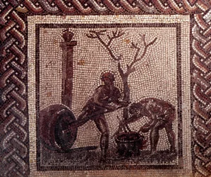 Arte Galo-Romano: pavimento de mosaico que representa un calendario rústico. Escena de jarra. Finales del siglo II, principios del siglo III d.C. De Saint-Romain-en-Gal (Rhone). Saint Germain en Laye, Museo Nacional de Arqueología