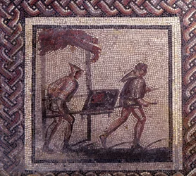 Arte galorromano: pavimento de mosaico que representa un calendario rural. Escena de transporte de estiércol. Finales del siglo II, principios del III d. C. Procedente de Saint-Romain-en-Gal (Saint Romain en Gal, Ródano). Saint-Germain-en-Laye, Museo