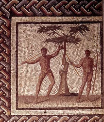 Arte galorromano: pavimento de mosaico que representa un calendario rústico. Fiesta de los segadores. Finales del siglo II, principios del III d. C. Procedente de Saint-Romain-en-Gal (Ródano). Saint-Germain-en-Laye, Museo de Arqueología Nacional