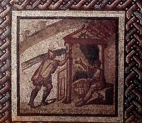 Arte Galo-Romano: pavimento de mosaico representando un calendario rústico. Trabajo de mimbre y trenzado de cestas
