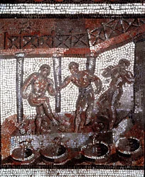 Escena de pisado de uvas en una cuba. (mosaico, finales del siglo II, principios del siglo III)
