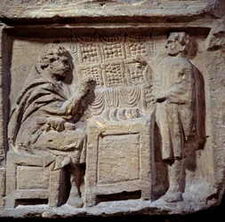 Arte Galo-Romano: una panadería. Un cliente compra pan a un panadero. Metz, Museo de Bellas Artes.