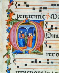 Antifonario en nota 6, libro que contiene los cantos que debe entonar el coro durante la misa (pergamino).