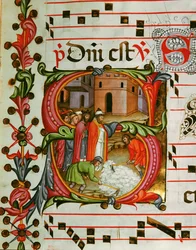 Antifonario en nota 7, libro que contiene los cantos que debe entonar el coro durante la misa (pergamino).