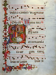 Antifonario en nota 7, libro que contiene los cantos que debe entonar el coro durante la misa (pergamino).