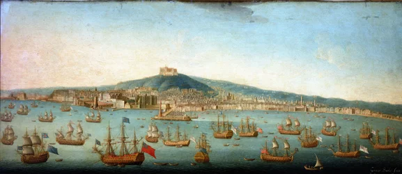 Vista de la bahía de Nápoles con la flota del almirante Byng anclada.
