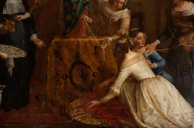 Iglesia parroquial (Eglise Saint-Brice). Pintura "La Archiduquesa Isabel de España entregando sus joyas a la basílica de San Martín de Halle". Gaspar de Crayer.