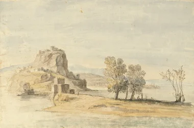 Un pueblo fortificado en un istmo (tiza negra, pluma y tinta marrón, acuarela)