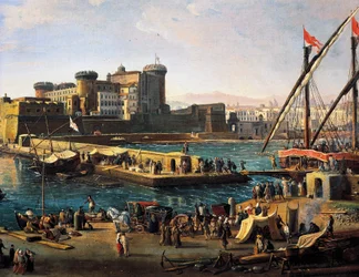 Vista del Castel Nuovo desde los muelles en Nápoles