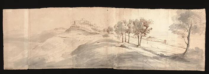 Vista de la campiña romana, cerca de Castel Gandolfo (tiza negra, pluma y tinta marrón, aguada gris/papel)