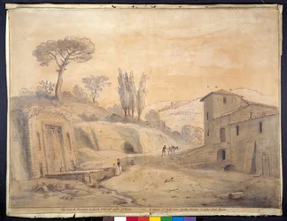 La fuente antigua y el arco en Grottaferrata, Roma