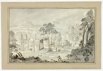 Cazador con perro, otras figuras en paisaje con villa, canal, pirámide