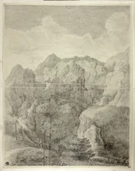 Paisaje montañoso con dos figuras en primer plano