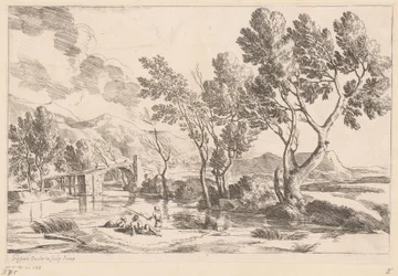 Paisaje fluvial con puente y pescadores.