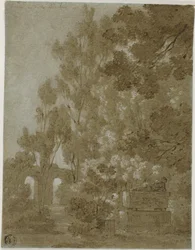 Vista de los arcos en ruinas y la tumba de Villa Borghese