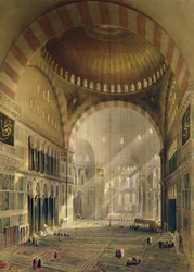 Haghia Sophia, lámina 24: interior de la cúpula central con candelabros bajados (grabado por Louis Haghe, publicado en 1852)