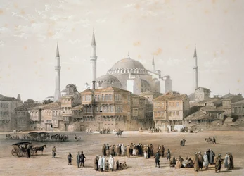 Hagia Sophia (lámina 25) antes de la restauración, grabado por Louis Haghe, publicado en 1852