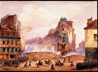 Escena de la Revolución de 1848, barricada de la calle Sainte Catherine en el mes de febrero, por Gobaut, Francia