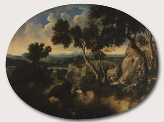 Paisaje rocoso con cazadores, c.1635