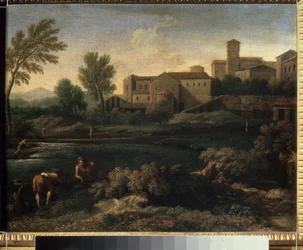 ""Vista de una ciudad en la región de Lazio cerca de Roma"" (Una pequeña ciudad en Latium) Pintura de Gaspard Dughet (1615-1675) Circa 1660 Museo Pushkin, Moscú