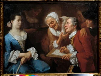 Un pintor y su modelo, detrás de él una anciana estira el cuello para ver su dibujo