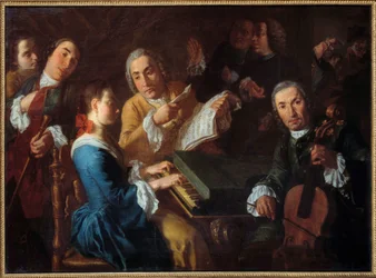 El concierto: un músico al clavecín y un violonchelista, pintura de Gaspare Traversi (1722-1770), siglo XVIII, 0,96 x 1,3 m, Ruan, Musée des Beaux-Arts.