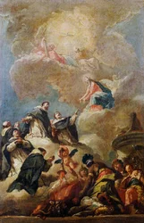 Santos dominicos en gloria, hacia 1750, de Gaspare Diziani (1689-1767), óleo sobre lienzo, 64x42 cm, boceto para la bóveda de la iglesia de San Bartolomé de Bérgamo.